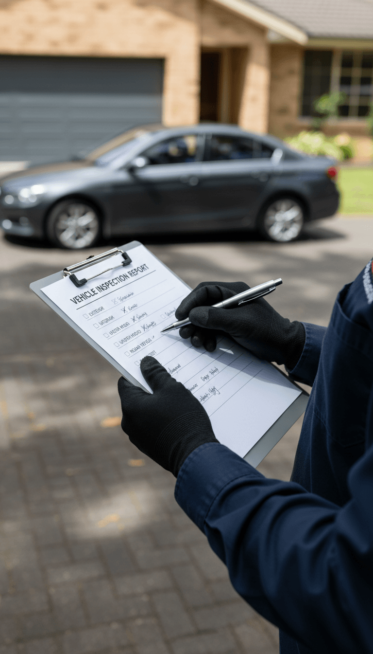 Vehicle inspection professional reviewing detailed assessment notes on clipboard