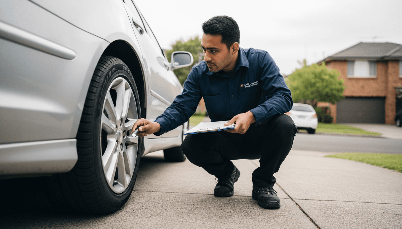 Professional vehicle inspector conducting detailed pre-purchase inspection on a car